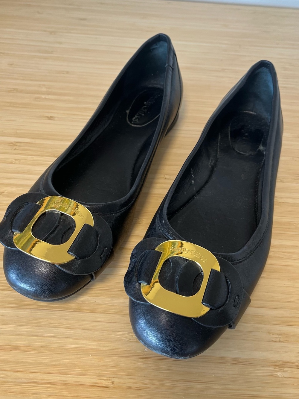 See By Chloé Black Leather Ballet Flats with Gold Logo Buckle Size 9